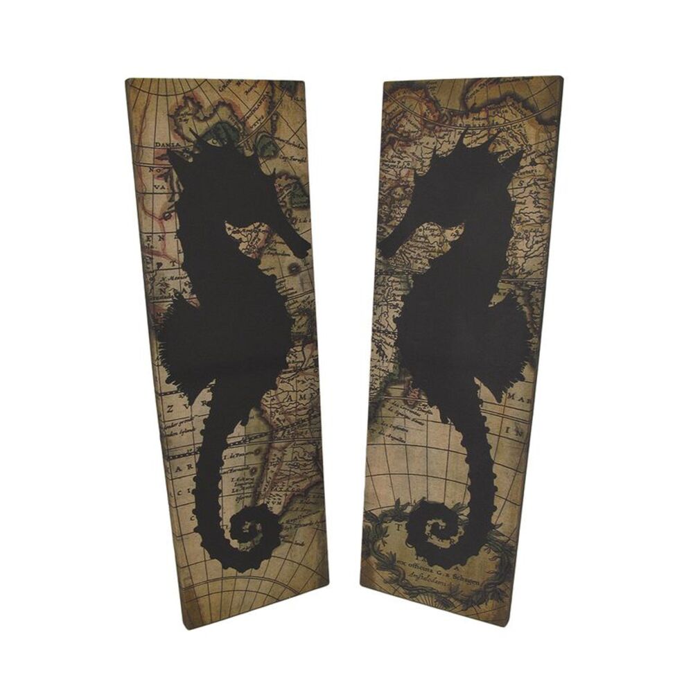 Set of 2 Seahorse Silhouette Old World Map Canvas Wall Hangings